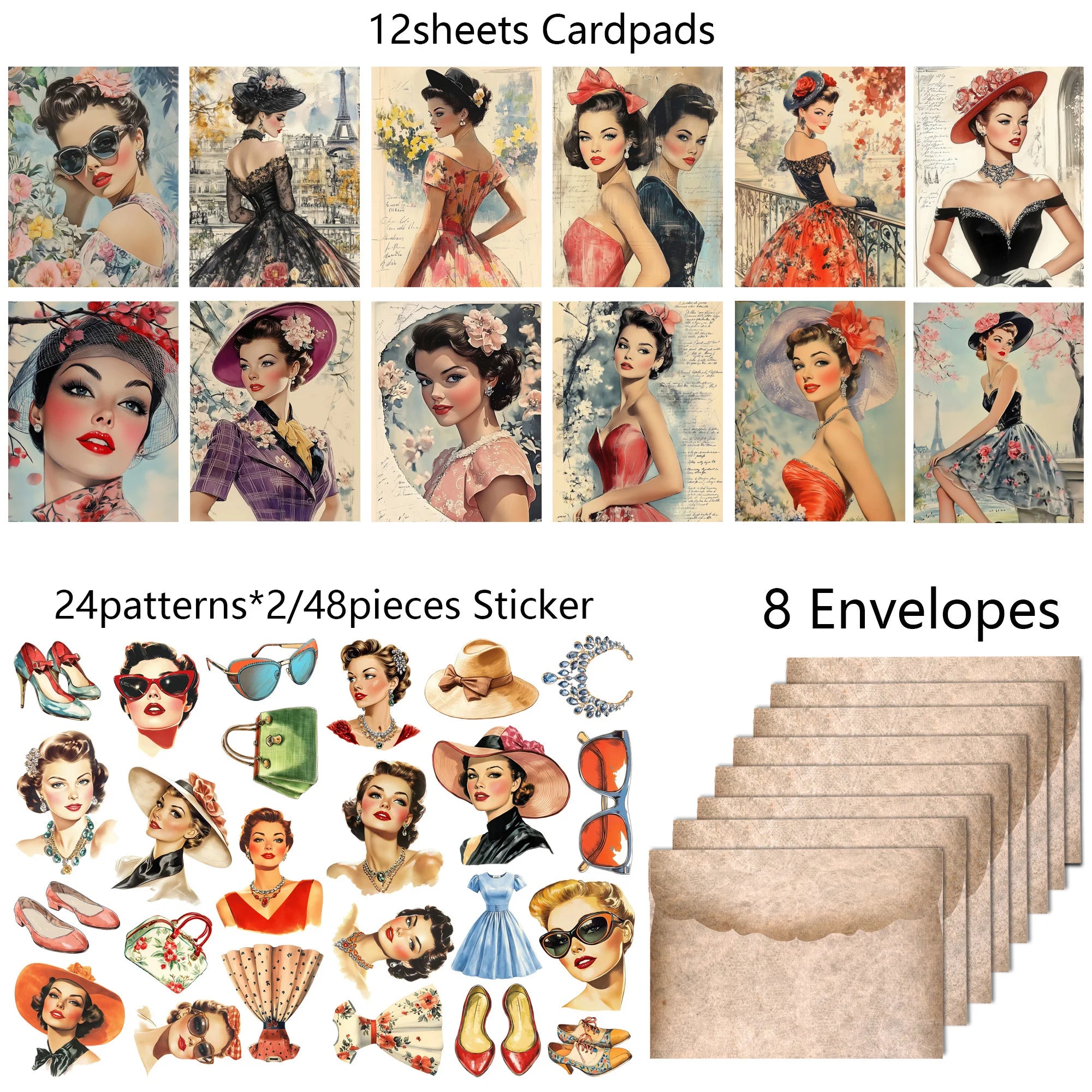 68pcs 80s Modern Girl Vintage Postcard Kit with Stickers & Envelopes
